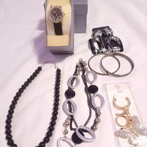 Jewelry Lot 6 Pieces (2) Necklace Bangle Bracelets Watch Keychain Earrings